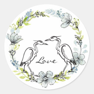 Heron Water Bird Couple ~ Blue, Green Flowers Love Classic Round Sticker