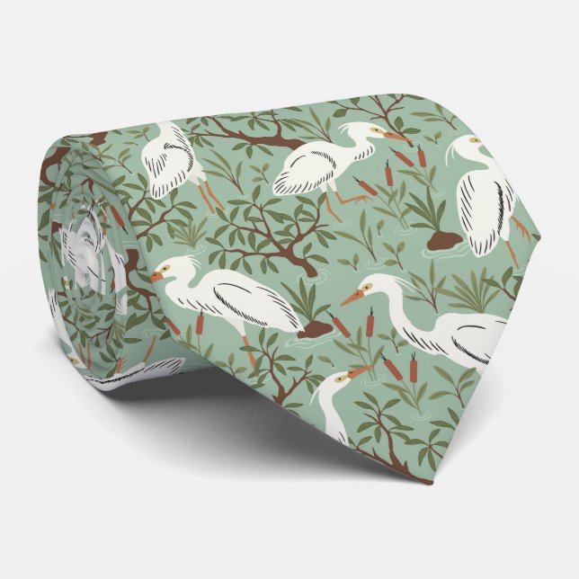 Heron water pond - green - great egret bird tie (Rolled)
