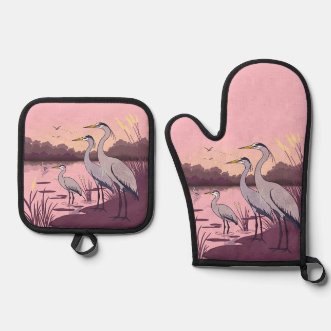 Herons by the Lake Oven Mitt & Pot Holder Set (Front)