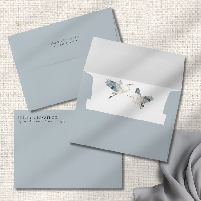 Herons Return Name Address Dusty Blue Wedding Envelope (Front, back and inside view)