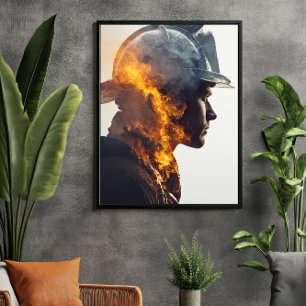 Hero's Heart: Firefighter Flame Portrait Poster