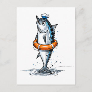 Herring with Lifebuoy in Marine Ink Illustration Postcard