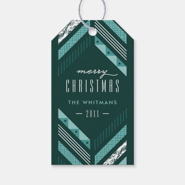 Herringbone Band Holiday Photo Gift Tag - Teal (Front)