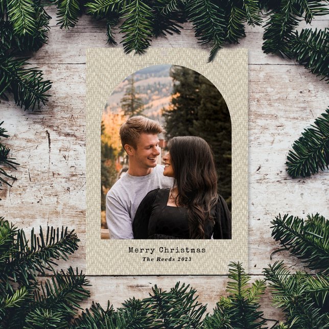 Herringbone Beige Tweed Christmas Photo Arch Holiday Card (Creator Uploaded)
