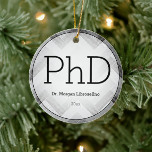 Herringbone Black Gray PhD Graduation Name Year Ceramic Tree Decoration