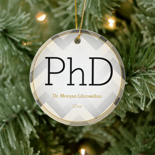 Herringbone Black Tan PhD Graduation Name Year Ceramic Tree Decoration (Tree)