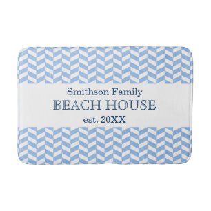 Herringbone Blue White Beach House Custom Bath Mat