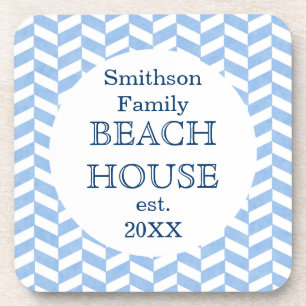 Herringbone Blue White Beach House Custom Coaster