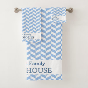 Herringbone Blue White Beach House Custom Name Bath Towel Set