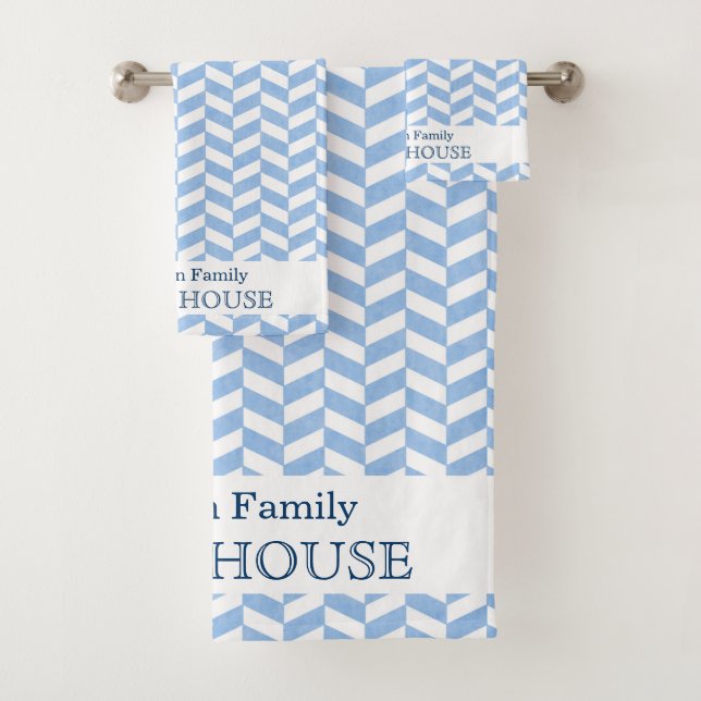 Herringbone Blue White Beach House | Custom Name Bath Towel Set (Insitu)
