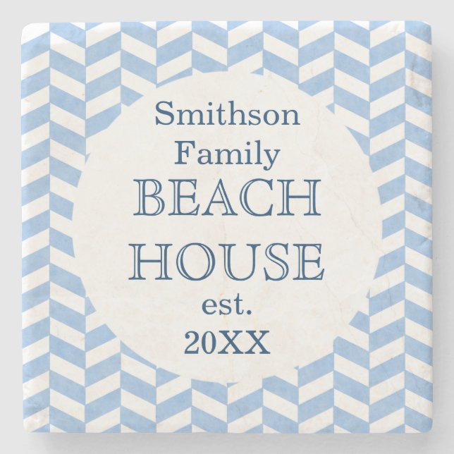 Herringbone Blue White Beach House Custom Stone Coaster (Front)
