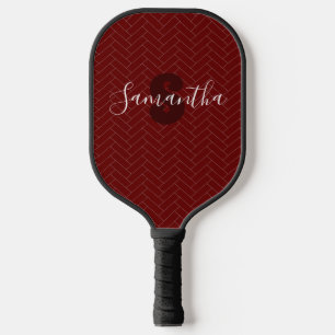 Herringbone Burgundy Name Monogram Pickleball Paddle
