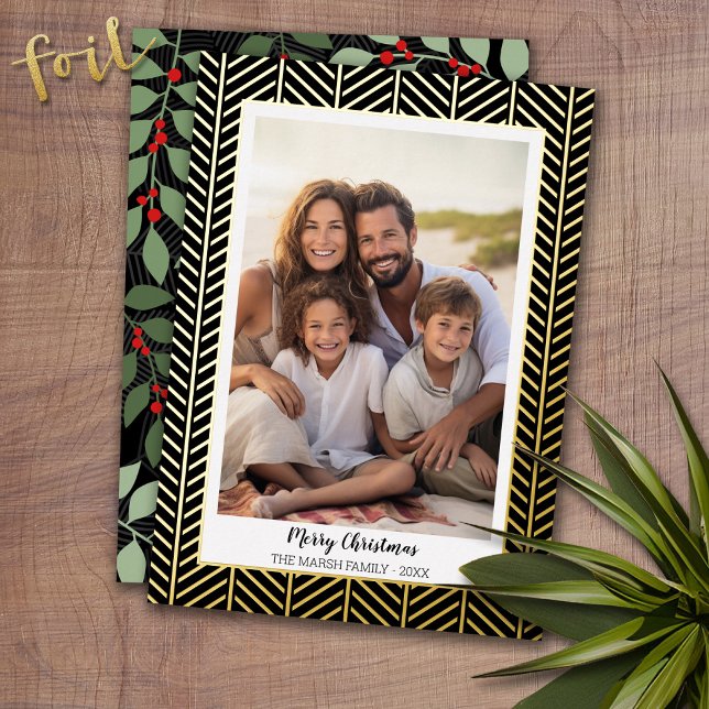 Herringbone Gold Border - Black Botanicals - Photo (Photo Christmas Card with Gold Foil Accent - Modern Merry Christmas)