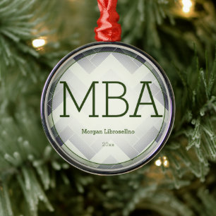 Herringbone Green White MBA Graduation Name Year Metal Tree Decoration