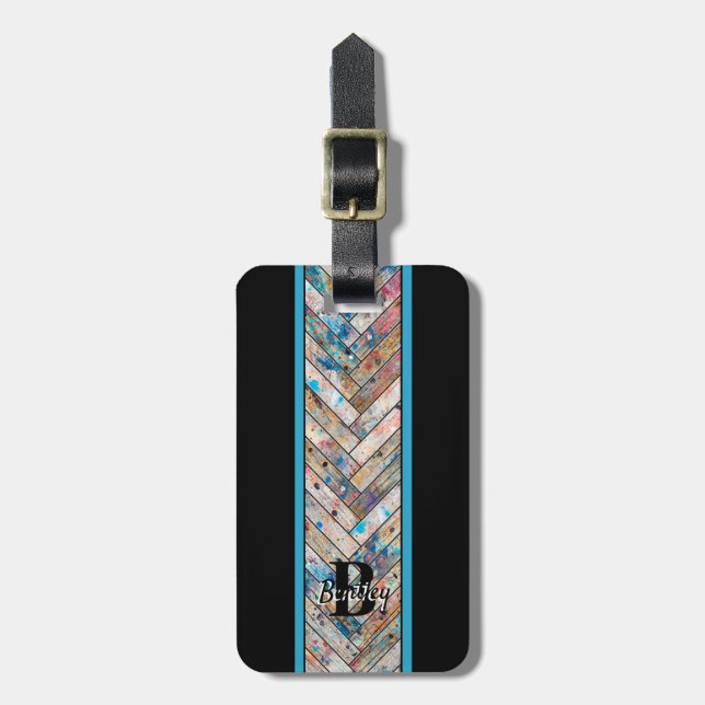 Herringbone Painted Wood Design Luggage Tag (Front Vertical)