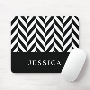 Herringbone Pattern Black & White Custom Name Mouse Pad