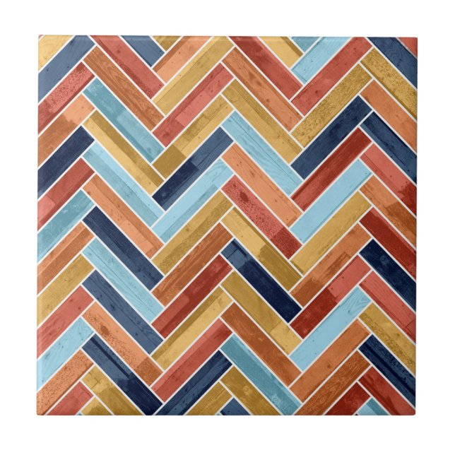 Herringbone Pattern Blue Yellow Orange Red Tile (Front)