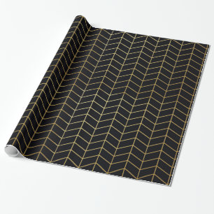 Herringbone Pattern Faux Gold Foil Black Geometric Wrapping Paper