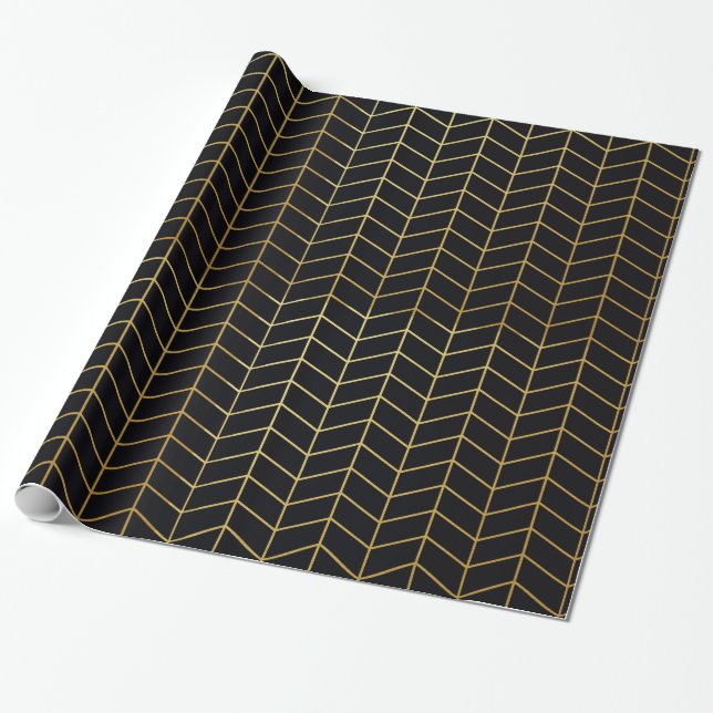 Herringbone Pattern Faux Gold Foil Black Geometric Wrapping Paper (Unrolled)