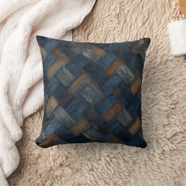 Herringbone Pattern in Blue Brown Grey Cushion (Blanket)