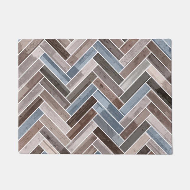 Herringbone Pattern in Blue Brown Grey Doormat (Front)