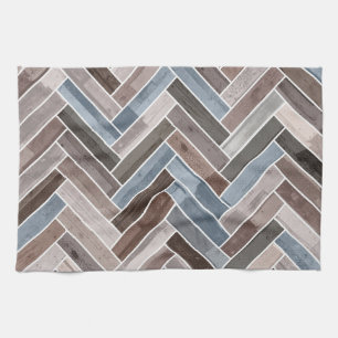 Herringbone Pattern in Blue Brown Grey Tea Towel