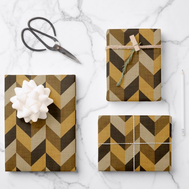 Herringbone pattern in golden & brown wrapping paper sheet (Front)