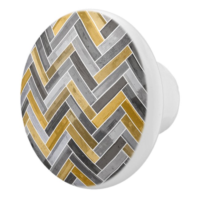 Herringbone Pattern in Grey and Yellow Ceramic Knob (Right)