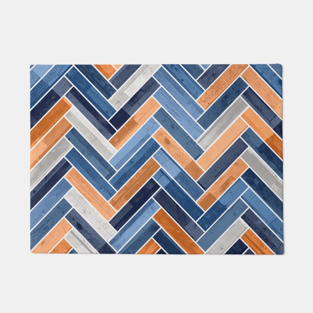 Herringbone Pattern in Navy Blue and Orange Doormat (Front)