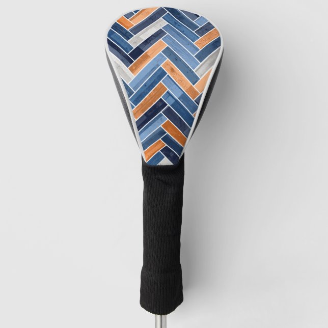 Herringbone Pattern in Navy Blue and Orange Golf Head Cover (Front)