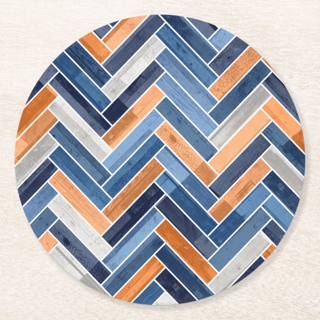 Herringbone Pattern in Navy Blue and Orange Round Paper Coaster (Front)
