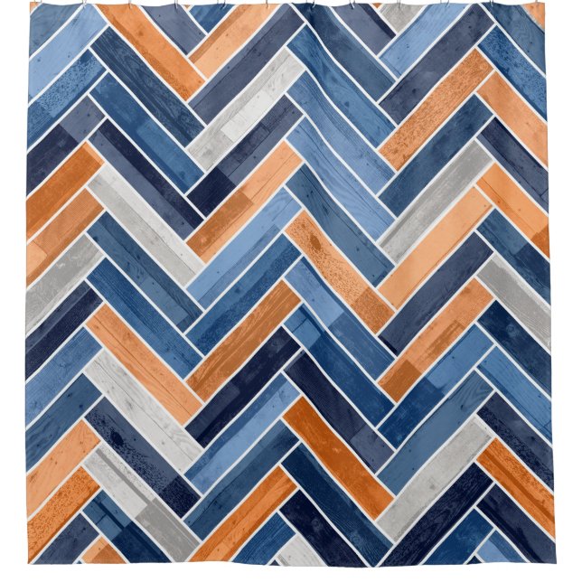 Herringbone Pattern in Navy Blue and Orange Shower Curtain (Front)