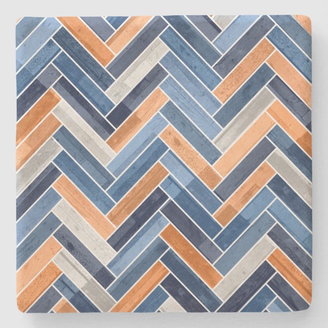 Herringbone Pattern in Navy Blue and Orange Stone Coaster (Front)