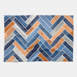 Herringbone Pattern in Navy Blue and Orange Tea Towel