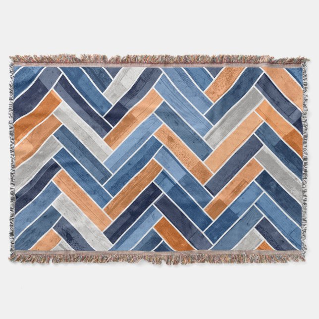 Herringbone Pattern in Navy Blue and Orange Throw Blanket (Front)