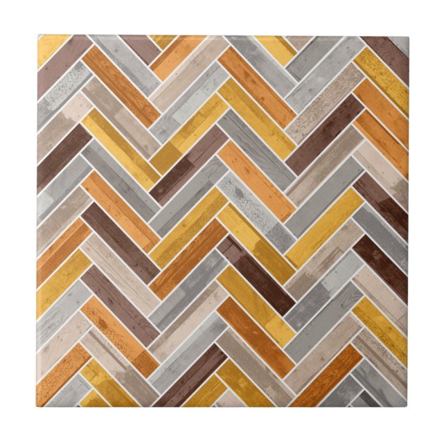 Herringbone Pattern in Orange Brown Grey Tile (Front)