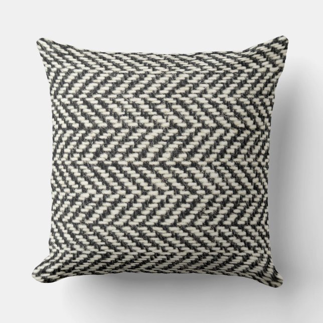 Herringbone Tweed Rustic Black & White Knit Print Cushion (Front)