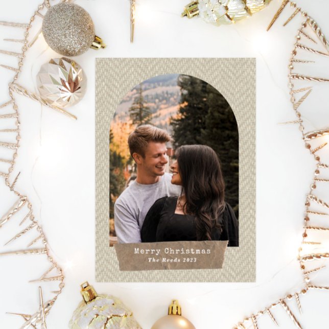 Herringbone Tweed Torn Paper Arch Christmas Photo  Holiday Card (Creator Uploaded)