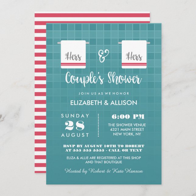 Hers & Hers | Blue & Red Lesbian Couple's Shower Invitation (Front/Back)