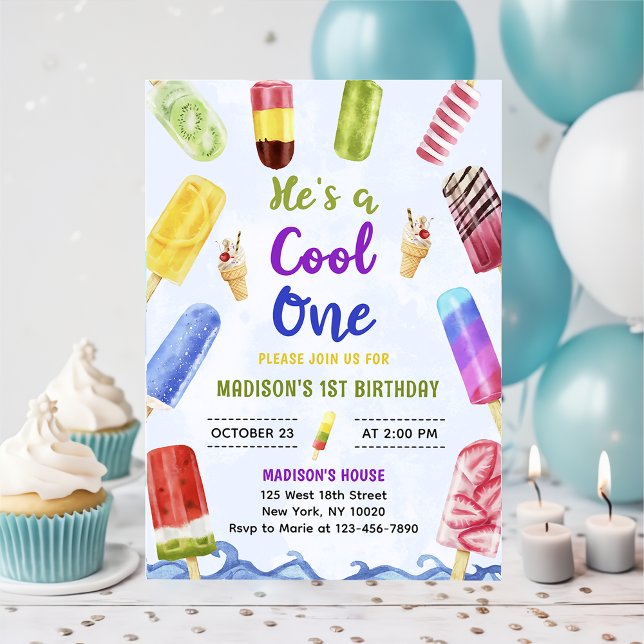 He's a Cool One Boy Popsicle 1st Birthday Party Invitation (Creator Uploaded)