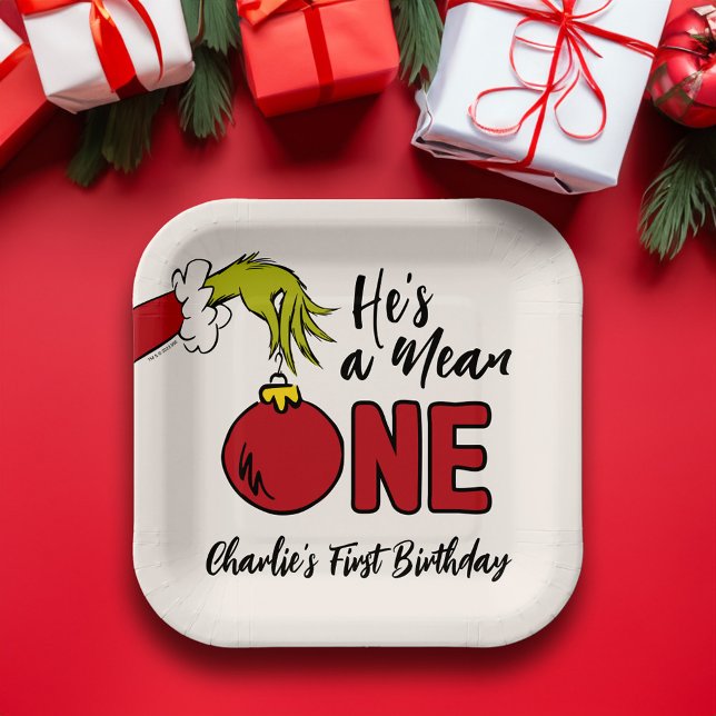 He's a Mean One | Grinch Birthday Paper Plate (Plate on table)
