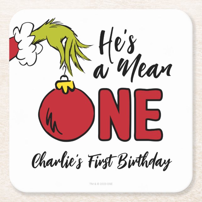 He's a Mean One | Grinch Birthday Square Paper Coaster (Front)