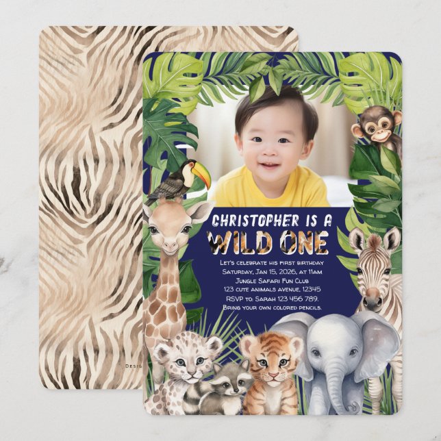 Hes a wild one, Navy Safari 1st birthday photo Invitation (Front/Back)