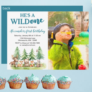 He's a wild one - Woodland Animals Photo 1st B-day Invitation