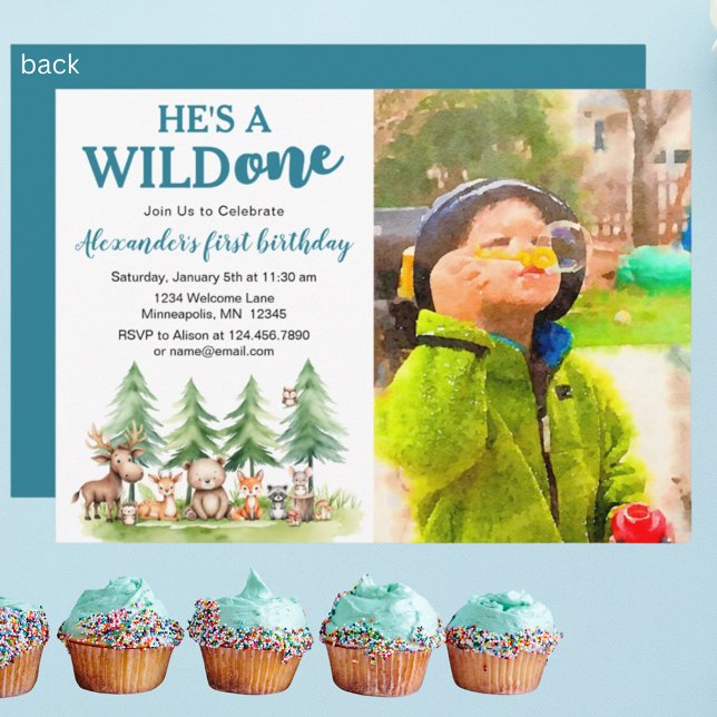He's a wild one - Woodland Animals Photo 1st B-day Invitation (Creator Uploaded)
