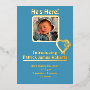 He's Here Foil & Photo Birth Announcement