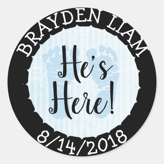 He's Here, New Baby Boy Announcement Classic Round Sticker (Front)