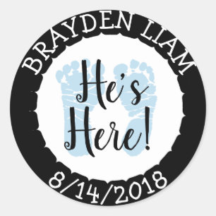 He's Here, New Baby Boy Announcement Classic Round Sticker