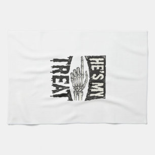 He's My Treat Skeleton Hand Halloween Shirt Design Tea Towel
