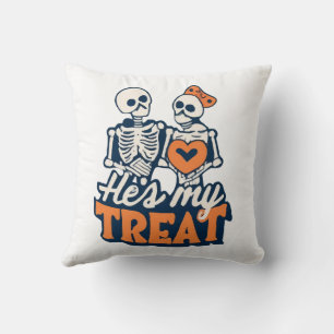 Hes My Treat Skeleton Matching Couple Halloween Cushion
